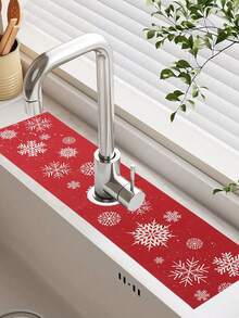1Pc Christmas Sink Faucet Absorbent Pad,Merry Christmas Dish Drying Mat Including Snowflake,Red White Floral,Gingerbread Man And Christmas Tree Style,10*38/14*60cm Durable And Absorbent Sink Surround Cover,Bathroom And Kitchen Faucet Mat,Christmas Decorations For Home,Xmas Party Decor,Christmas Party Favors,Winter Decorations,Ideal Christmas Decoration Gift,Countertop Protector, Kitchen Sink Mat,Washbasin Protector - Multicolor - View 2