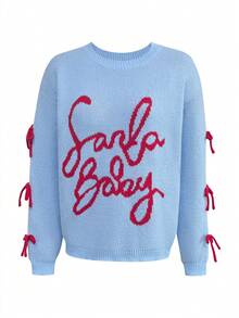 2025秋冬新款休闲时尚复古别致字母印花蝴蝶结圣诞毛衣女式休闲日常套头衫秋冬万圣节圣诞节新年造型女式冬季毛衣 - 藍色 - 查看 3