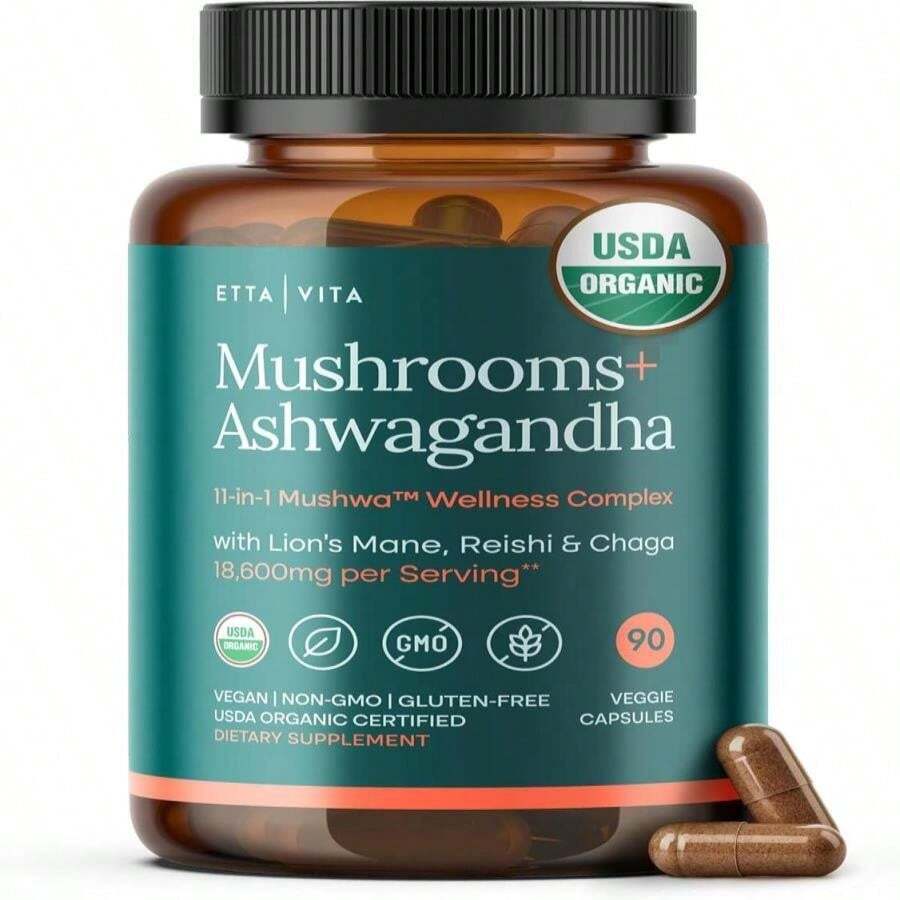 USDA Organic Lions Mane Supplement Capsules With Ashwagandha, Chaga, Reishi, Cordyceps, Turkey Tail (18,600mg_serv) 10x Adaptogenic Mushroom Complex As Focus Supplement - Energy, Immunity &Amp; Nootropic - Tên hương vịC - Xem 1