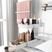 2 Tier Under Sink Storage Rack , Kitchen Cabinet Storage Rack, Double Sliding Cabinet Basket Storage Drawer, Multi-Functional Bathroom Collection Basket, Organizer, Shelf For Under Counter Kitchen Storage With 5 Hooks 2 Hanging Baskets Kitchen Decor Holiday Gift - trắng - Xem 5