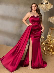 Faeriesty Vestido de noche elegante talla extra con adorno de cadena de strass y bajo de cola de sirena partida - Burdeos - Ver 5