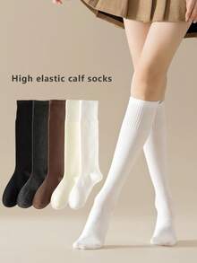 1双女士秋季过膝袜，高筒防滑修身纯色小腿袜，舒适袜子