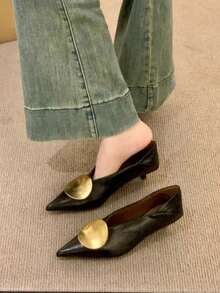 Fall/Winter 2025 Summer New Metal Buckle Pointed Toe Stiletto Mid Heel Mule Slides Sandals For Women, Elegant