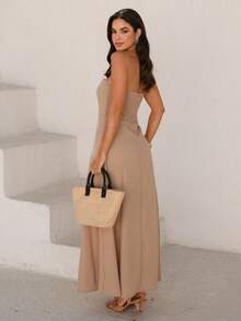 Elegant Strapless Long Linen Dress Linen Wedding Office Holiday Formal And Evening - 卡其色 - 查看 2