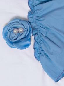 Blusa ligera para mujer de moda con olanes y flores 3D en bicolor de estilo casual para uso diario - Azul - Ver 6