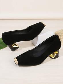 2025 einfarbige modische PU-Leder-Schuhe mit reinem Metall, quadratischer Zehenpartie, für das Büro, ganzjährig - Schwarz - Übersicht 6