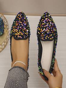 Women's Shiny Purple Sequin Fashion Pointed Toe Low Heel Flat Slip-On Ballet Shoes, Comfortable Soft Sole, Elegant Style, Spring/Summer Daily Wear, Party, Gathering, Random Pattern, Plus Size - Purple Sequins - View 2