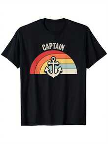 Men's Retro Rainbow Nautical T-Shirt, Casual Cotton T-Shirt - Soft Black Graphic T-Shirt 100% Cotton, Unisex Couple's T-Shirt - 黑色 - 查看 1