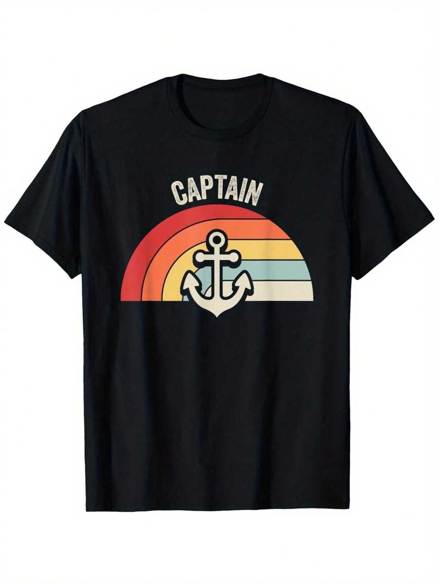 Men's Retro Rainbow Nautical T-Shirt, Casual Cotton T-Shirt - Soft Black Graphic T-Shirt 100% Cotton, Unisex Couple's T-Shirt - 黑色 - 查看 1