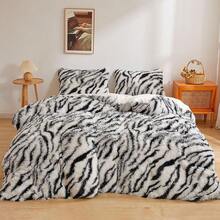 Cheetah Print Fluffy Faux Duvet Cover Set, 3 Pieces Soft Plush Shaggy Fuzzy Bedding Set (1 Leopard Print Comforter Cover + 2 Pillow Cases), Zipper Close (King, Brown) - Zebra Print Black - View 5