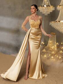 Faeriesty 花卉贴花荷叶边侧边鱼尾裙摆正式礼服，优雅长袖礼服，适合舞会、宴会、婚礼宾客、毕业典礼、晚宴及其他场合。 - 香檳色 - 查看 3