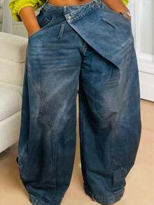 HERTALK Plus Size Daily Blue Asymmetric Button Pocket Washed Denim Jeans - 藍色 - 查看 4