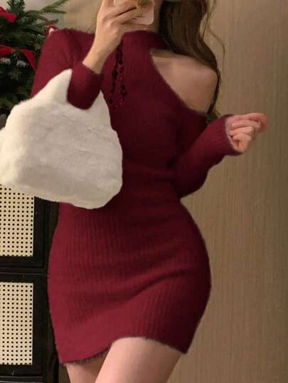露肩纯色性感毛衣裙，约会必备
