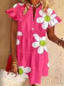 UREREM Plus Size Women's Casual Floral Print Ruffle Sleeve Dress, Woven Fabric With 4-Way Stretch, 120G, Suitable For Vacation And Travel - Hot Pink - View 1