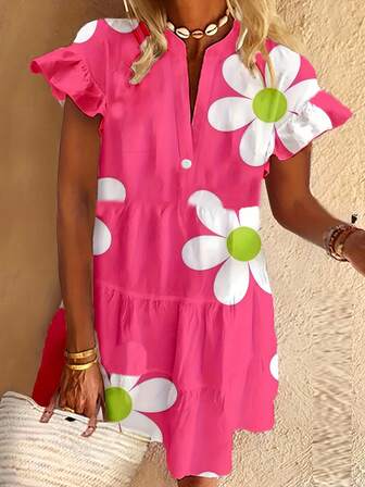 UREREM Vestido casual de mujer talla grande con estampado floral y mangas con volantes, tela tejida con estiramiento en 4 direcciones, 120G, adecuado para vacaciones y viajes