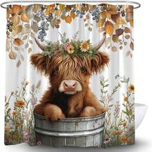 Highland Cow Eucalyptus Shower Curtain, Fall Leaves Print, Waterproof Polyester With Grommets, Farmhouse Bathroom Decor, Holiday Gift Idea