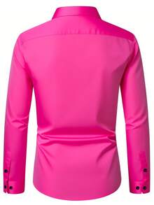 Herren einfarbiges langärmliges formelles Hemd mit Knopfdesign, Herbst - Heißes Pink - Übersicht 3