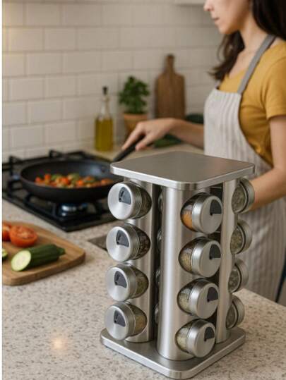 Porta Tempero Condimentos Inox Giratório com 16 Potes