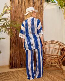 Premium Striped Beach Cover-Up Set With Jacket And Pants - 寶藍色 - 查看 2