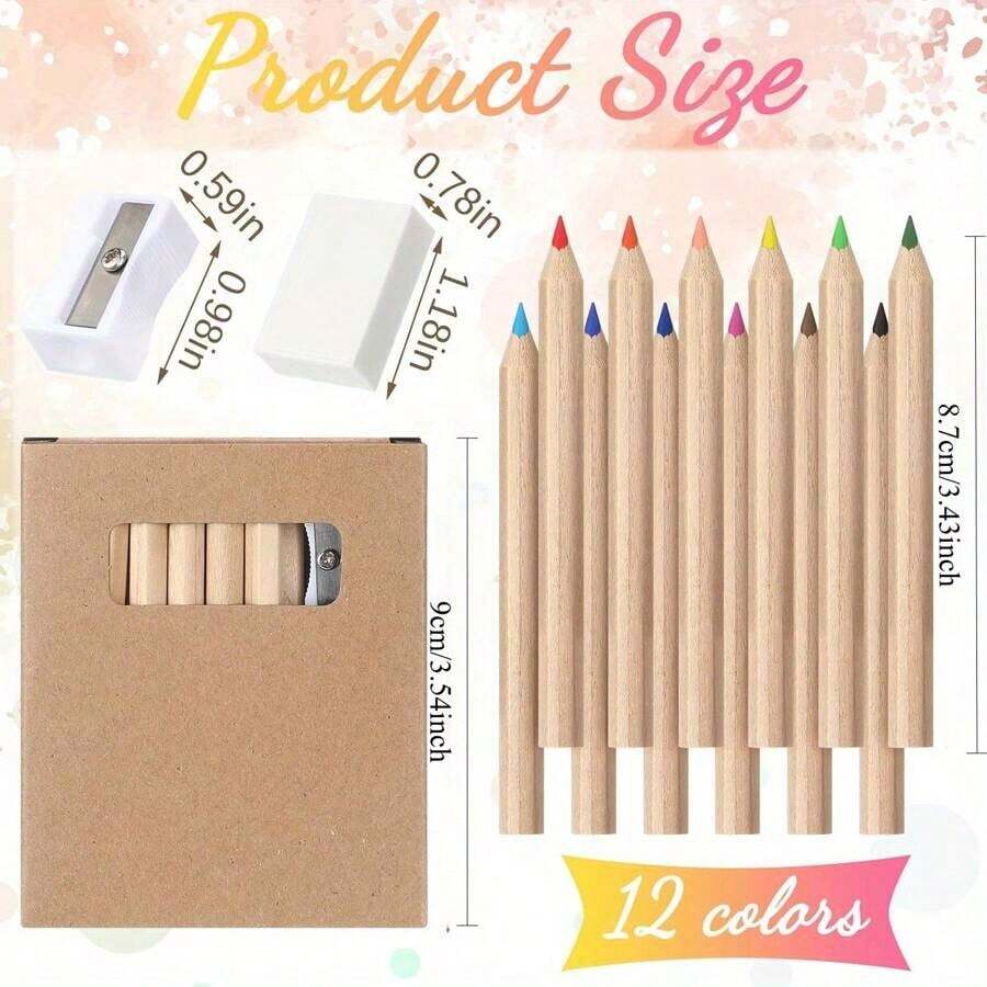 12 piezas/caja o 24 piezas/2 cajas Juego de lápices de colores mini con sacapuntas y borrador, 12 lápices de colores diferentes, adecuado como regalo de papelería, regalo pequeño, para dibujar, pintar, notas cortas