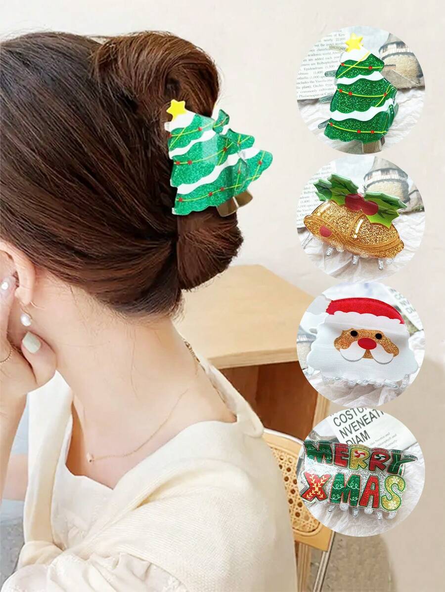 Christmas Half-Bundle Hairpins, Cute Shark And Tree-Shaped Hairpins, Featuring Elements Such As Santa Claus, Christmas Tree, Bells, And Christmas Greetings. Hair Accessories - Perfect For Christmas, Christmas Headwear, Christmas Gifts, Christmas Decorations.