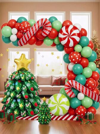 146 件/套圣诞气球花环拱门套件、巨型 4D 圣诞树、迷你圣诞树、桌面装饰气球、新年派对装饰、巨型红色拐杖糖铝箔气球、18 英寸红绿风车圆形气球、12 英寸红色波尔卡圆点乳胶气球、10 英寸红色、绿色、海军蓝、白色乳胶气球、新年、除夕夜、圣诞夜 2026 年庆祝派对用品