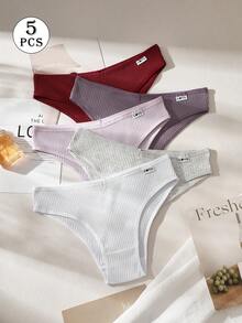 5pcs Pack Women's Ribbed Panties, High Elasticity Solid Color Letter Design Low Waist Briefs - Multicolor - View 3