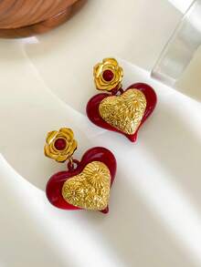 Monlansher 新款女士心形耳环，不锈钢与树脂撞色心形设计，时尚、个性化、奢华，适合日常佩戴 - 金色 - 查看 6