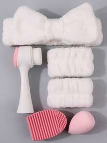 INS Style White Skincare & Makeup Tool Set - Facial Cleansing Brush, Makeup Sponge, Hair Band, Wristband, Cleaning Mat, Complete Grooming & Cosmetic Care Kit