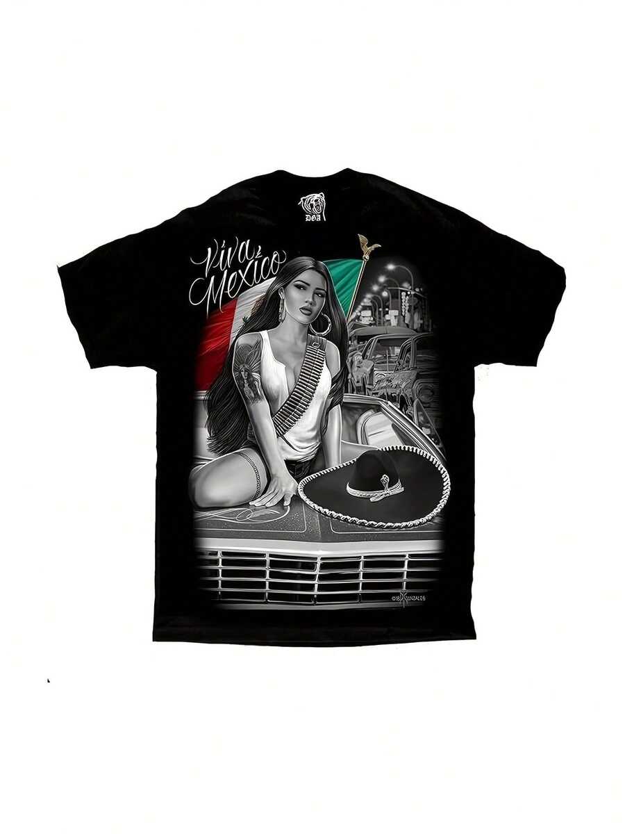 Viva Mexico Cruising Lowrider BLVD Sexy Chicano Art D Gonzales DGA T Shirt XXX-Large Black Comfortable Cotton Men's Round Neck Short Sleeves T-Shirt 180g - 黑色 - 查看 1