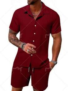 Men's Summer Beach Outfits 2 Piece Short Sleeve Shirts And Shorts Vacation Texture Linen Sets For Men - 酒紅色 - 查看 1
