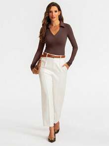 Women's Long Sleeve V-Neck Polo Shirt, Business Casual Collared Workwear, Slim Fit Basic Style, Autumn 2025 Spring - Coffee Brown - View 4