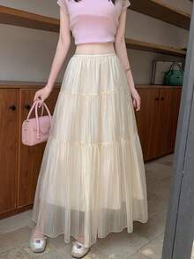 LuminousWealth 女士优雅纯色飘逸百褶A字裙，适合休闲或办公穿着，简约优雅 | 适合所有季节 春季 - 杏色 - 查看 2