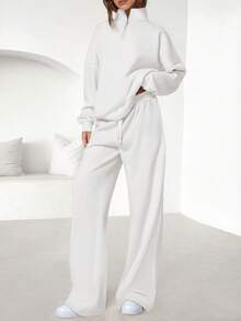 Womens Casual 2 Piece Sets Fall Outfits Quarter Zip Sweatshirts Straight Leg Pants Sweatsuits Tracksuit Valentine Vacation Spring Clothes For Women - 白色 - 查看 1