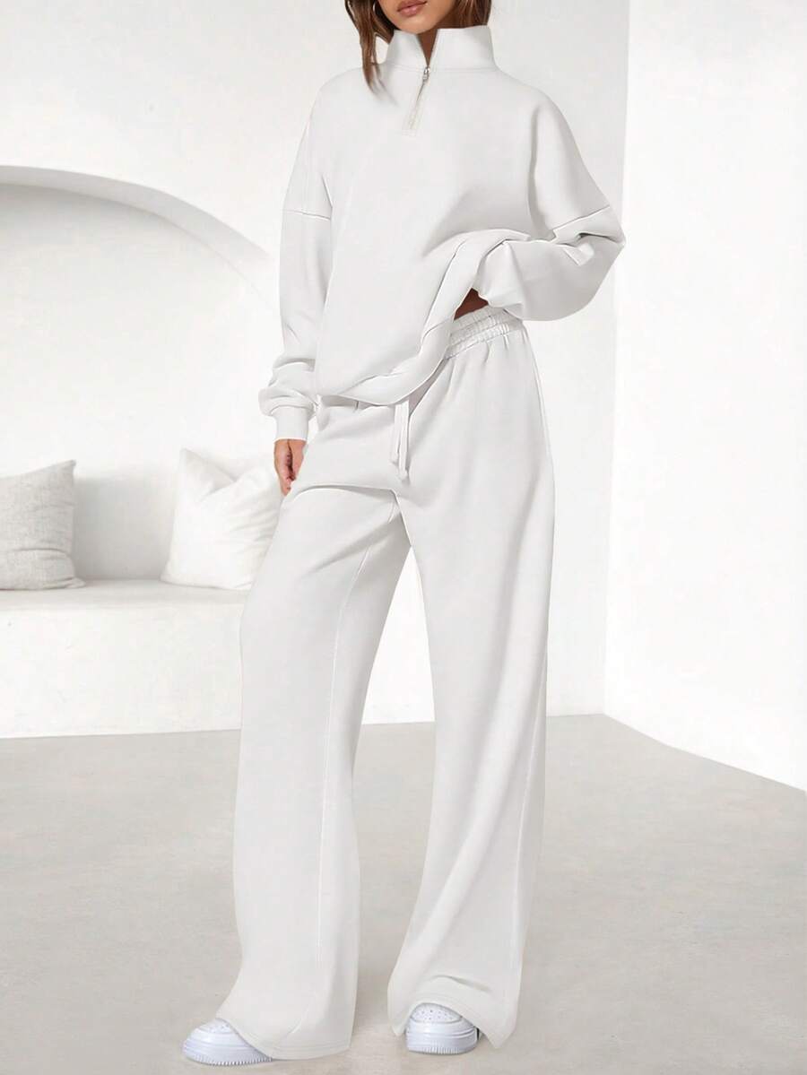 Womens Casual 2 Piece Sets Fall Outfits Quarter Zip Sweatshirts Straight Leg Pants Sweatsuits Tracksuit Valentine Vacation Spring Clothes For Women - 白色 - 查看 1