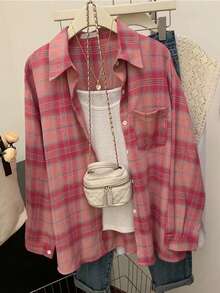 Women's Flannel Shirt Jacket, Plaid Long Sleeve Top With Polo Collar, Pocket And Button Front, Casual Holiday Season Travel Shirt For Fall Winter Spring