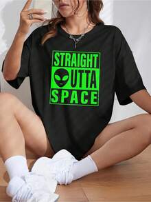Straight-Outta-Space-Funny-Ufo-Alien-Costume--Women-Kid-T-Shirt - 黑色 - 查看 2