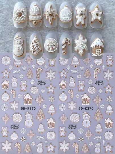 2pcs White Gingerbread Embossed Winter Nail Stickers Christmas Tree Snowman Snowflake Snow House Christmas Ball 5D Cartoon Decals Holiday Nail Slider New Year Gift Manicure Decoration Supplies For Salon DIY