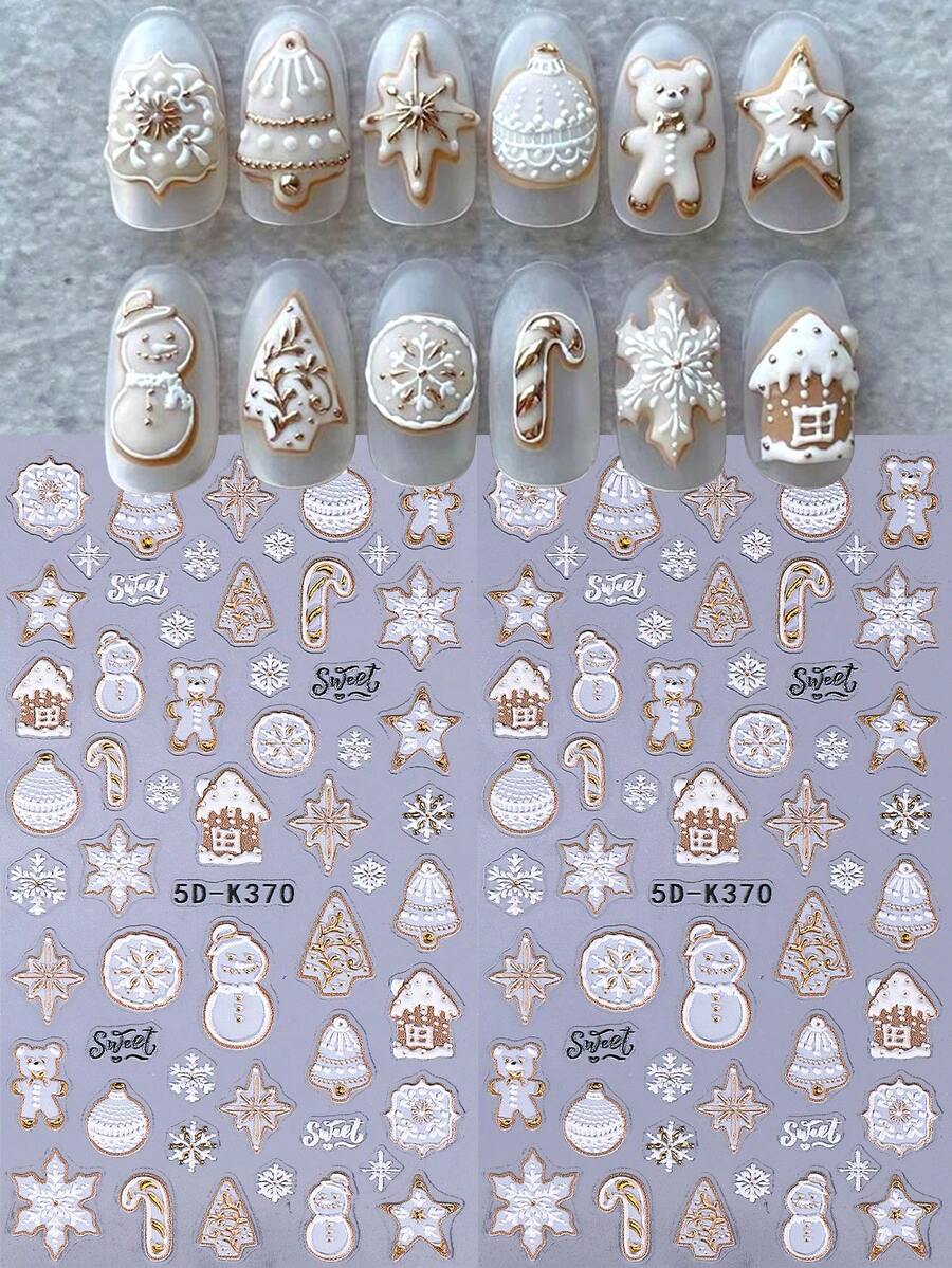 2pcs White Gingerbread Embossed Winter Nail Stickers Christmas Tree Snowman Snowflake Snow House Christmas Ball 5D Cartoon Decals Holiday Nail Slider New Year Gift Manicure Decoration Supplies For Salon DIY