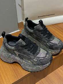 2025春秋季女士水钻厚底运动鞋，时尚高帮休闲跑步鞋