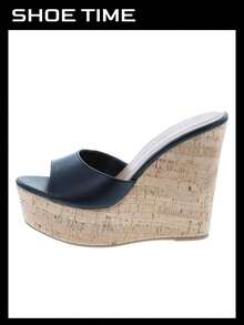 Sandalias de plataforma y cuña para mujer - Sandalias de tacón alto con diseño de corcho y punta abierta - Negro - Ver 2