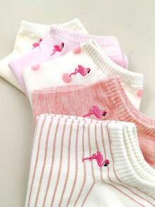 1/5/10/20/30 Pairs (Randomly Shipped) Women's Multi-Color Embroidered Flamingo Casual Short Socks Suitable For Daily Wear And Outfits - Multicolor - View 4