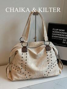 CHAIKA & KILTER 1 件纯色 PU 面料单肩包，女士复古休闲大容量手提包，大学生书包，缝线铆钉装饰双手柄设计，拉链开合，适合日常购物 - 米色 - 查看 7