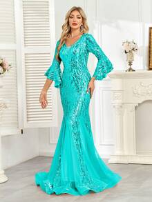 hezixi Elegant Shiny Sequin Splice Zipper Dress, Suitable For Party, Date Night, Birthday, Anniversary, Music Festival, Cocktail, Formal Dinner, Wedding Guest, Singles Party, Stage Performance, Everyday Wear, All Season - Mint Green - View 4