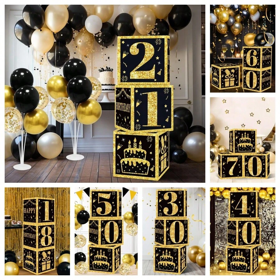 Bộ 3 hộp trang trí sinh nhật 18/21/30/40/50/60/70/75 tuổi, màu đen & vàng, hộp đựng bóng bay chúc mừng sinh nhật, đồ dùng trang trí tiệc sinh nhật bằng giấy theo chủ đề. - Nhiều màu - Xem 1