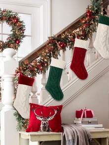 1件装圣诞袜经典麻花针织套装，大号经典壁炉挂袜，家庭节日派对圣诞装饰袜