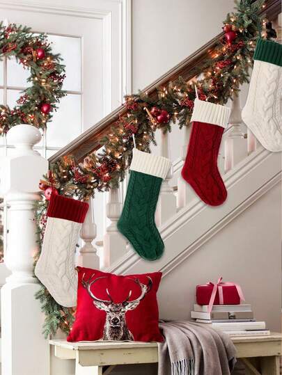 1 Stück Weihnachtsstrümpfe klassisches Kabel-Strick-Set, große klassische Kamin-Hängestrümpfe für Kinder, Familie, Feiertags-Party, Weihnachtsdekoration für Zuhause, Raumdekoration, Winterweihnachtsdekoration, Weihnachtsgeschenke, Weihnachtsdekoration