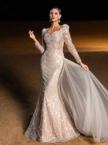 Faeriesty 奢华亮片串珠美人鱼晚礼服 - 心形领口，长袖，几何弧形串珠图案，薄纱拖尾，适合红毯盛典、新娘宴会、正式晚宴等场合，是春季婚礼派对的理想之选。 - 香檳色 - 查看 9