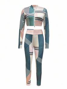 女士条纹撞色休闲拉链两件套春季款 - 彩色 - 查看 3