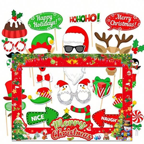 1pc Christmas Photo Frame+32pcs Handheld Photobooth Props, Red Christmas Decoration, Funny Photo Frame Paper, Handheld Photo Props, Party Supplies Set, Used For Taking Photos At Parties And Gatherings With Friends And Family